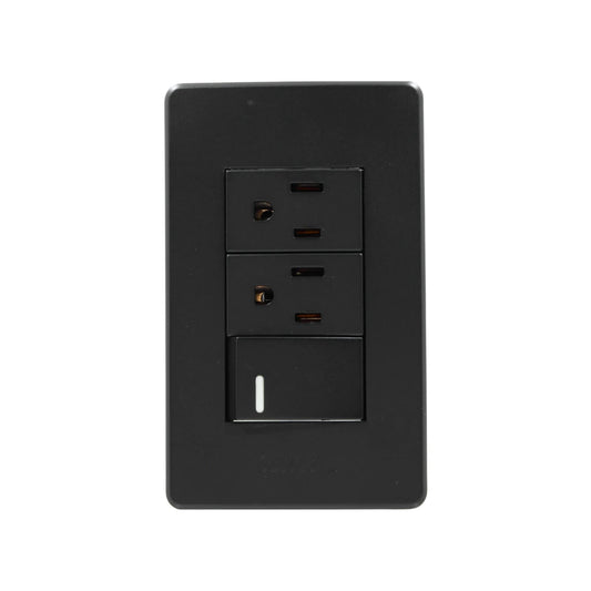 Placa de pared negra con un apagador de luz y dos contactos eléctricos polarizados para instalación