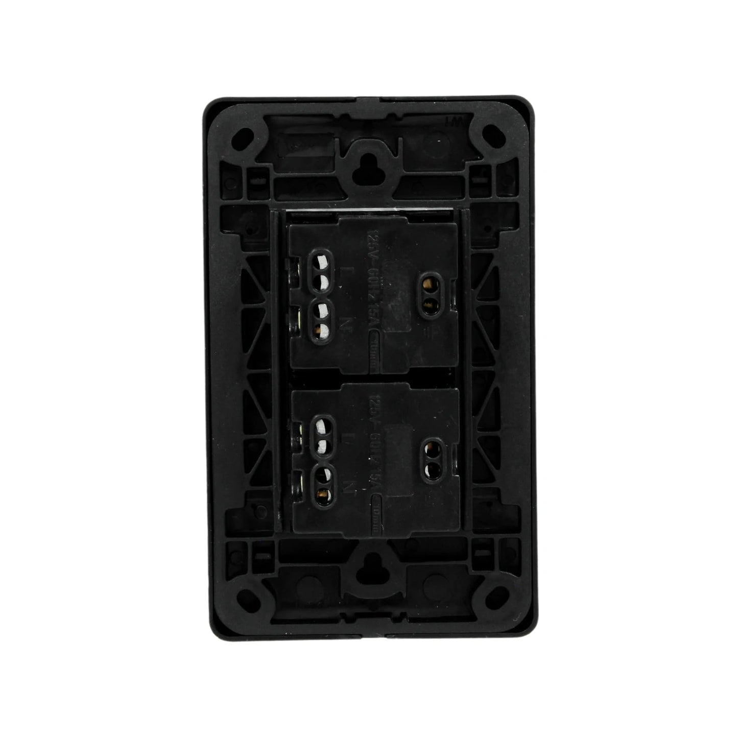 Placa eléctrica doble negra, reverso con terminales L N y especificaciones de 125V 60Hz 15A