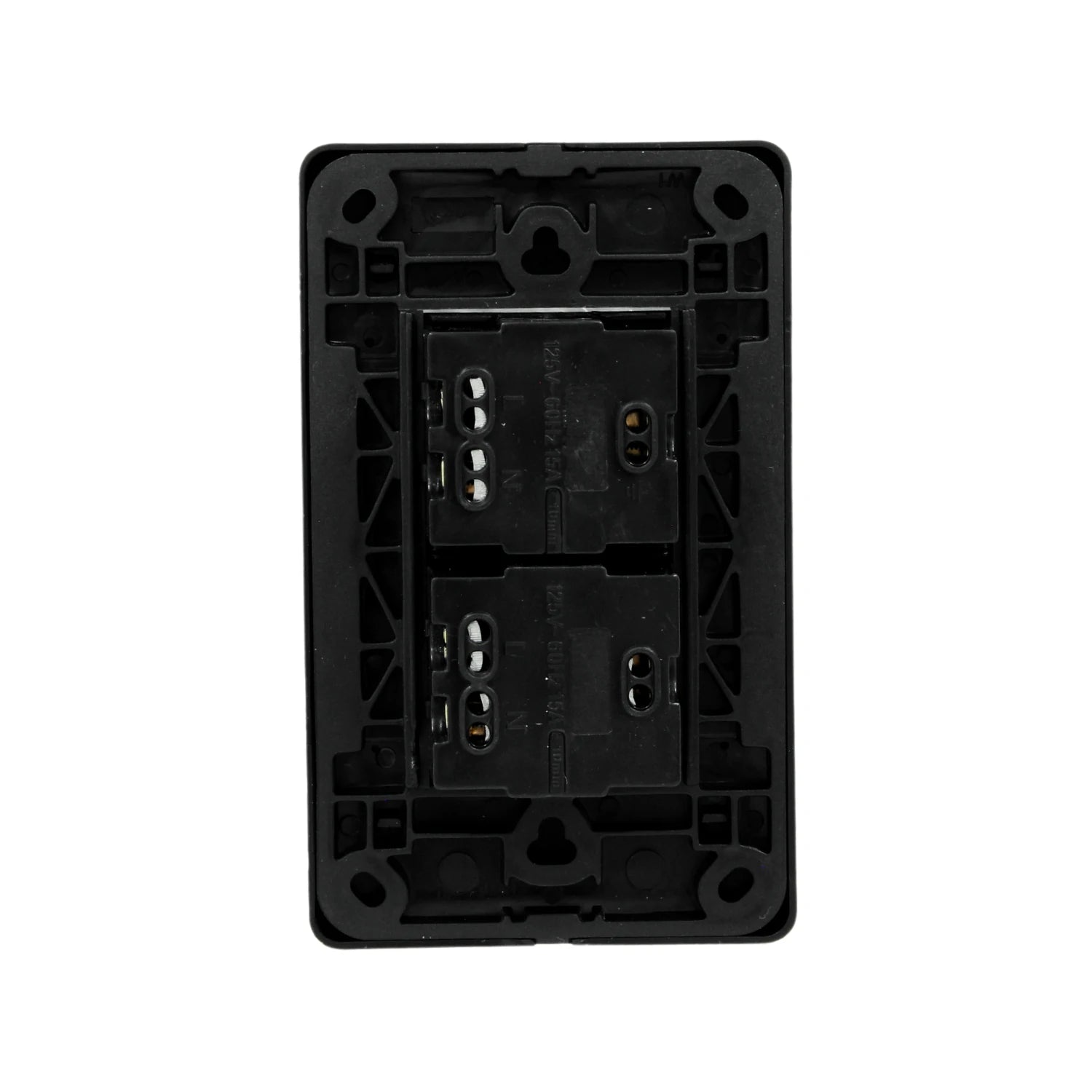 Placa eléctrica doble negra, reverso con terminales L N y especificaciones de 125V 60Hz 15A