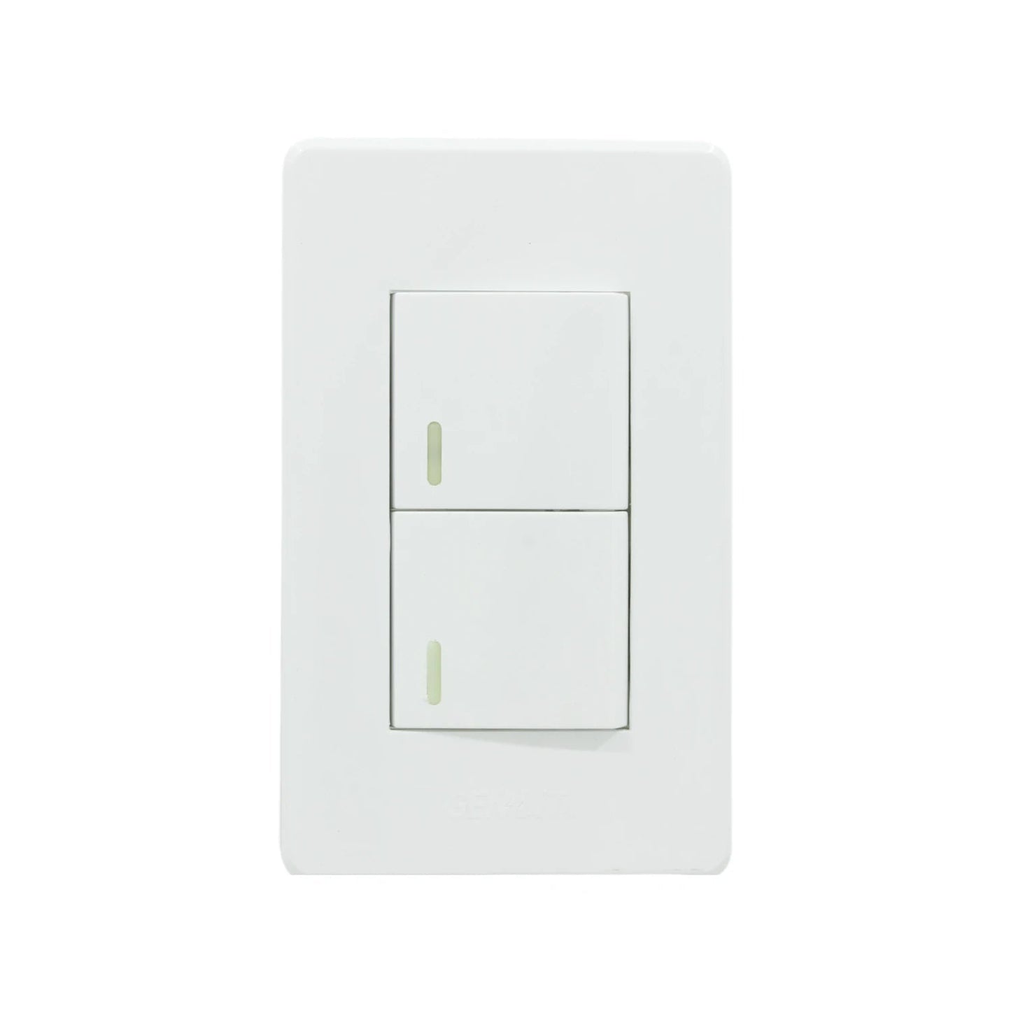 Placa Genlit blanca con dos apagadores de luz e indicadores luminosos verdes. Interruptor doble para pared.