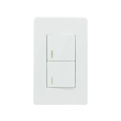Placa Genlit blanca con dos apagadores de luz e indicadores luminosos verdes. Interruptor doble para pared.
