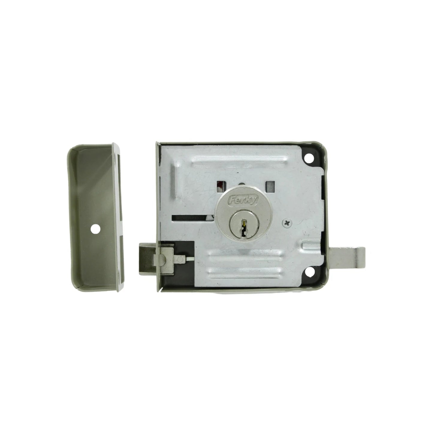 Cerradura de sobreponer Ferky metálica para puerta, mecanismo de seguridad con cilindro, incluye chapa para instalación.