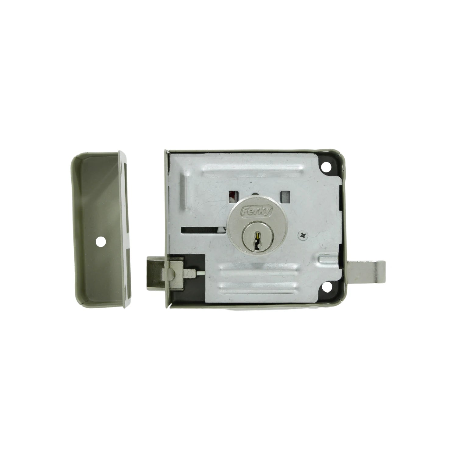 Cerradura de sobreponer Ferky metálica para puerta, mecanismo de seguridad con cilindro, incluye chapa para instalación.