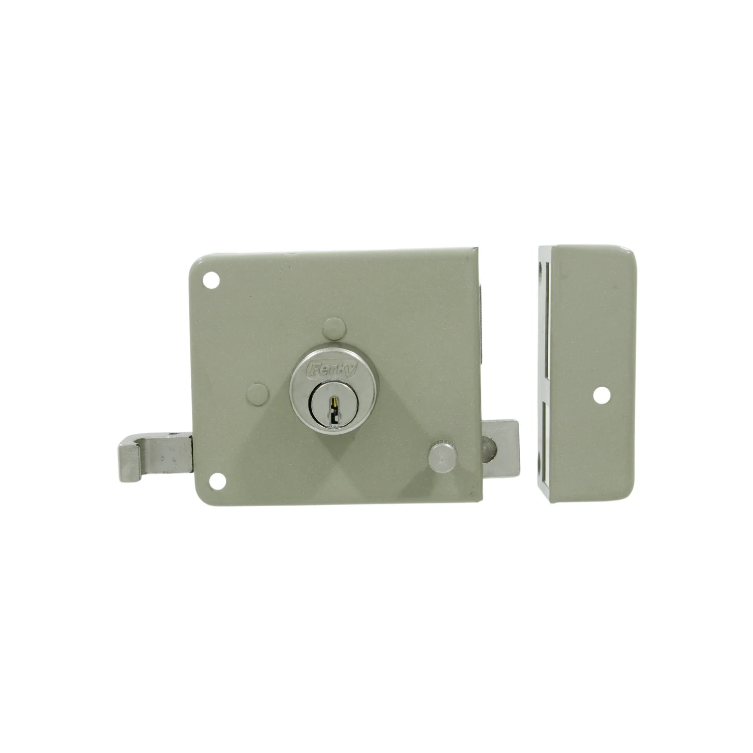 Cerradura de sobreponer Ferky beige con cilindro de seguridad para puertas de fácil instalación