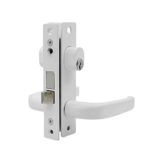 Cerradura blanca para puerta de aluminio con manija, pestillo y bombín. Seguridad residencial.