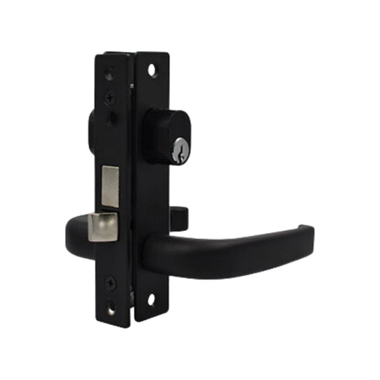 Chapa negra de sobreponer para puerta de aluminio con manija y bombín