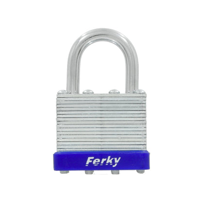 Candado de seguridad laminado Ferky con gancho corto cromado y base azul