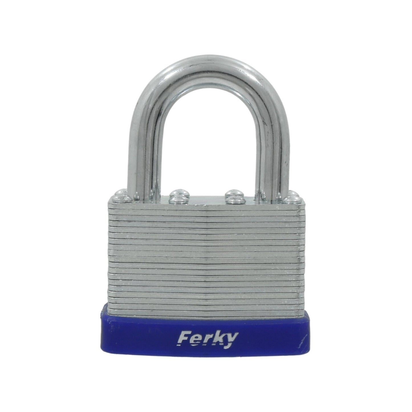 Candado laminado Ferky 50mm con gancho corto y base azul para seguridad