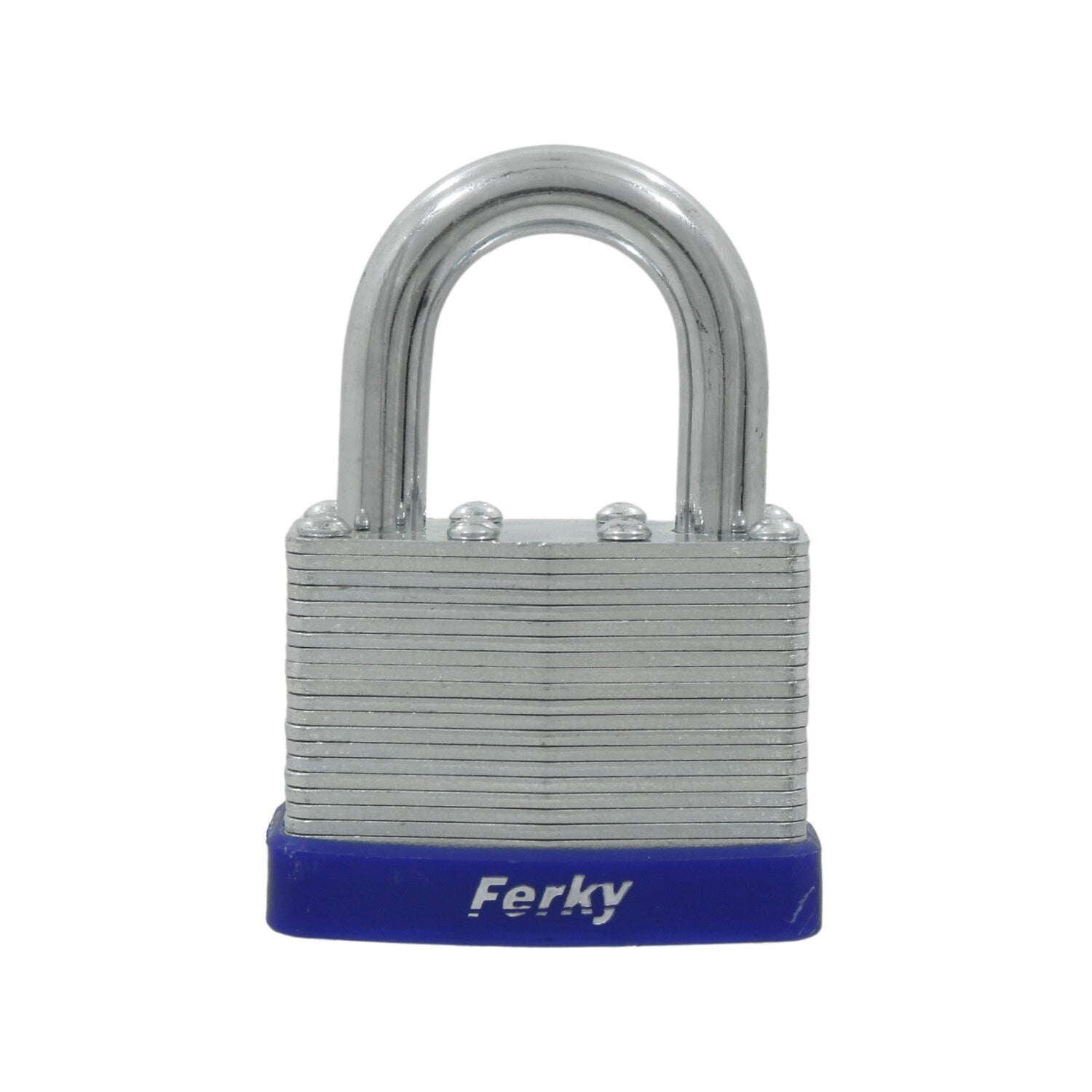 Candado laminado Ferky 50mm con gancho corto y base azul para seguridad