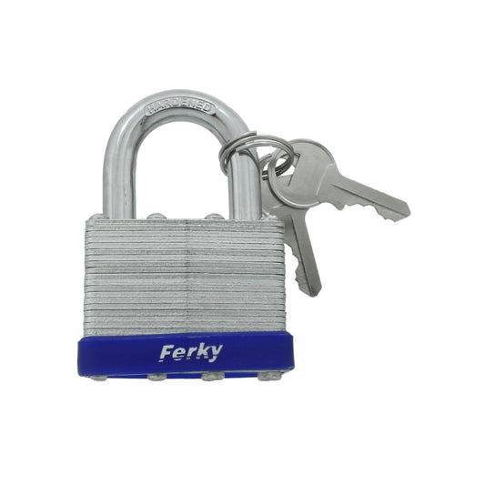 Candado laminado Ferky 50mm, grillete de acero endurecido, base azul y juego de llaves de seguridad