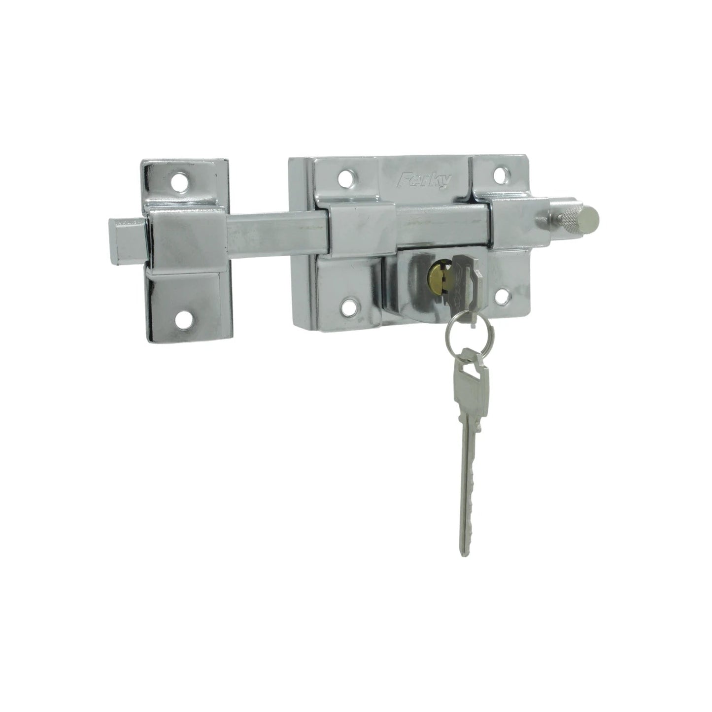 Cerradura de barra fija izquierda Ferky cromada con llave insertada