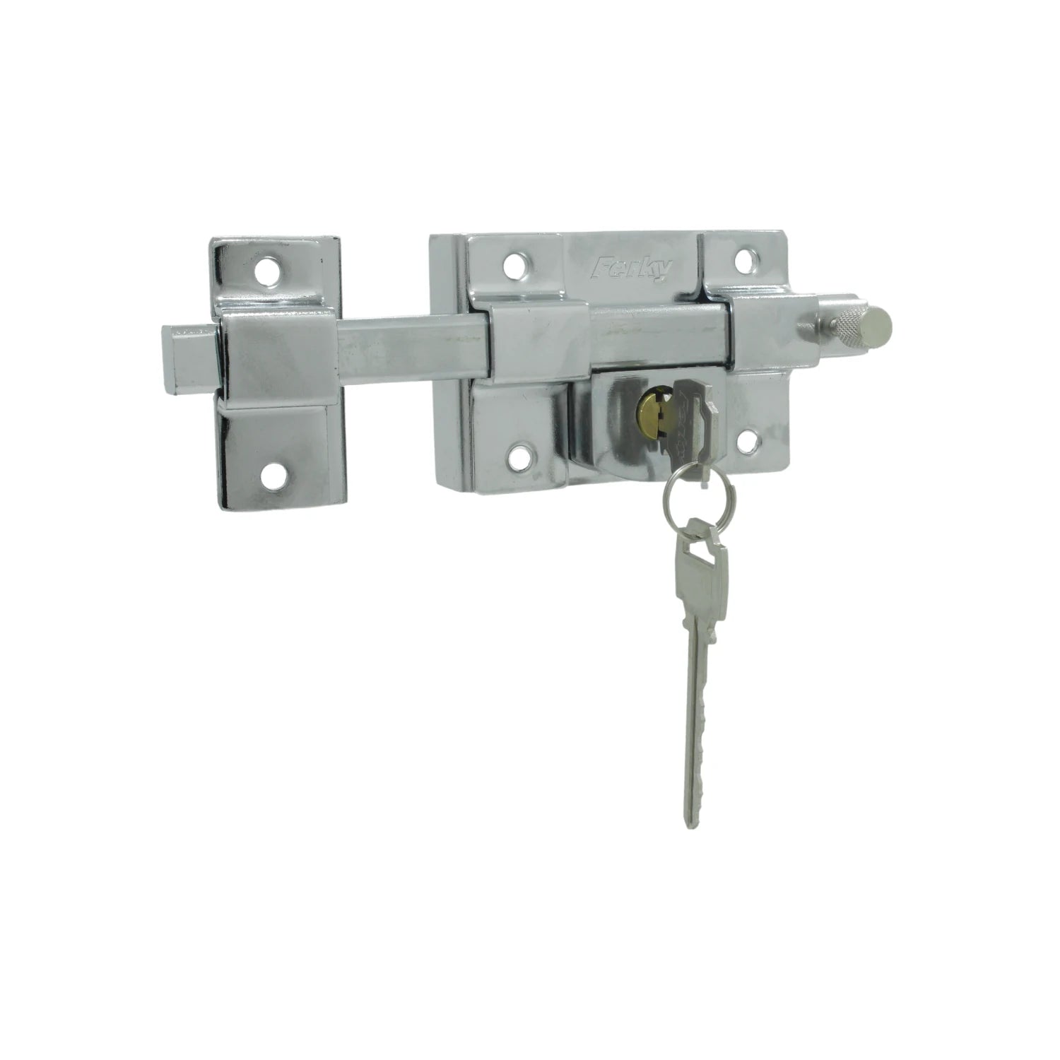 Cerradura de barra fija izquierda Ferky cromada con llave insertada
