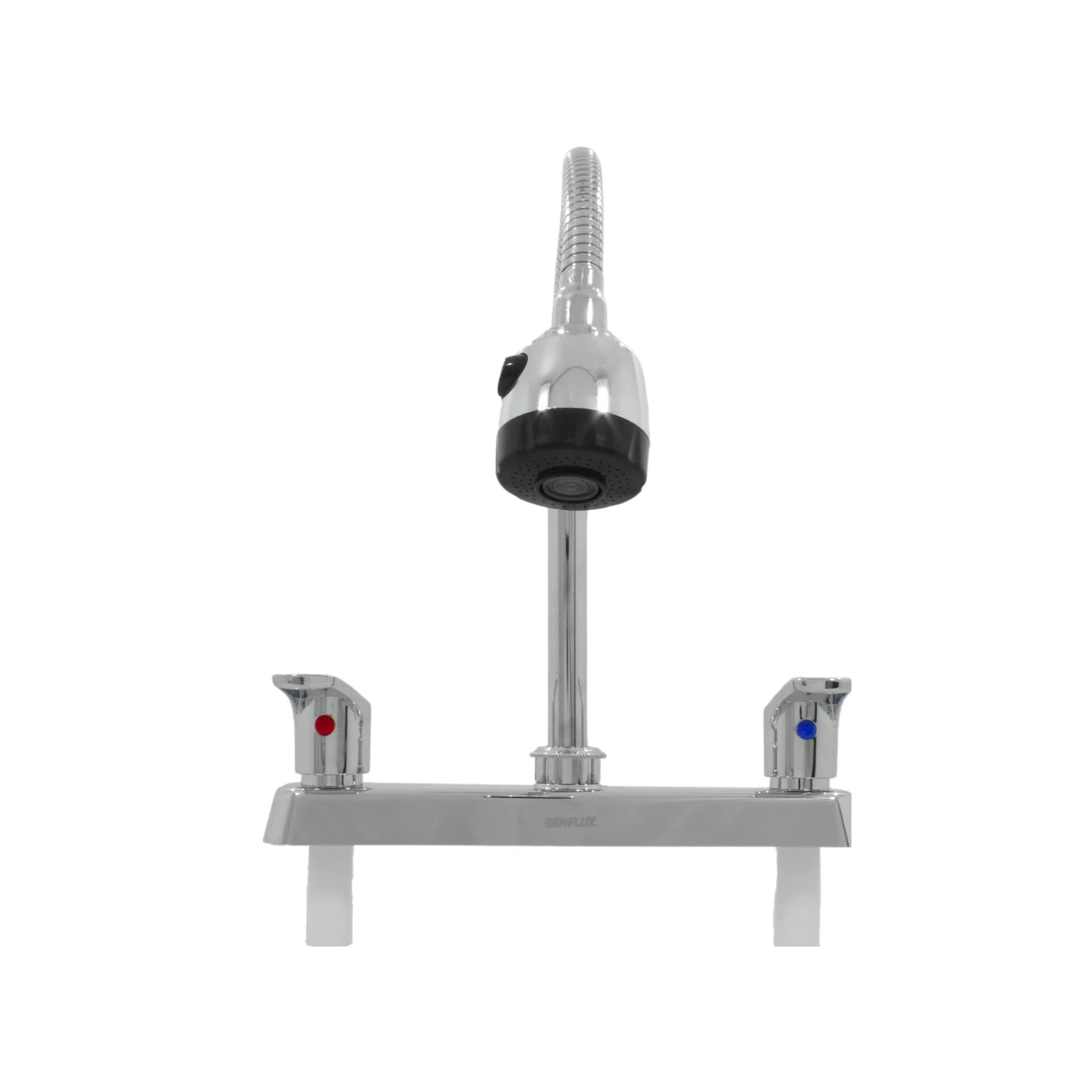 Mezcladora de fregadero Genflux cromada con cuello flexible y dos manijas, puntos azul y rojo