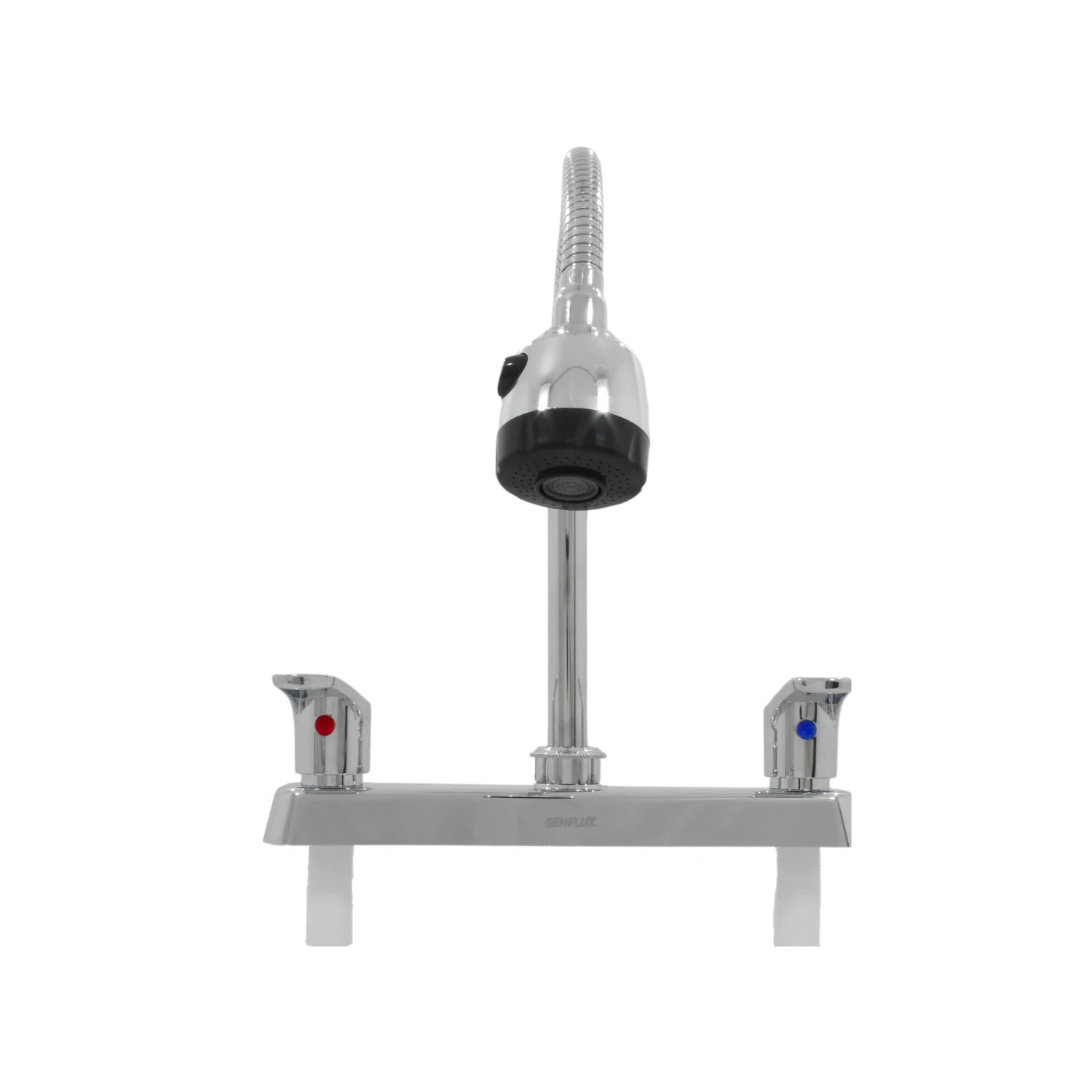 Mezcladora de fregadero Genflux cromada con cuello flexible y dos manijas, puntos azul y rojo