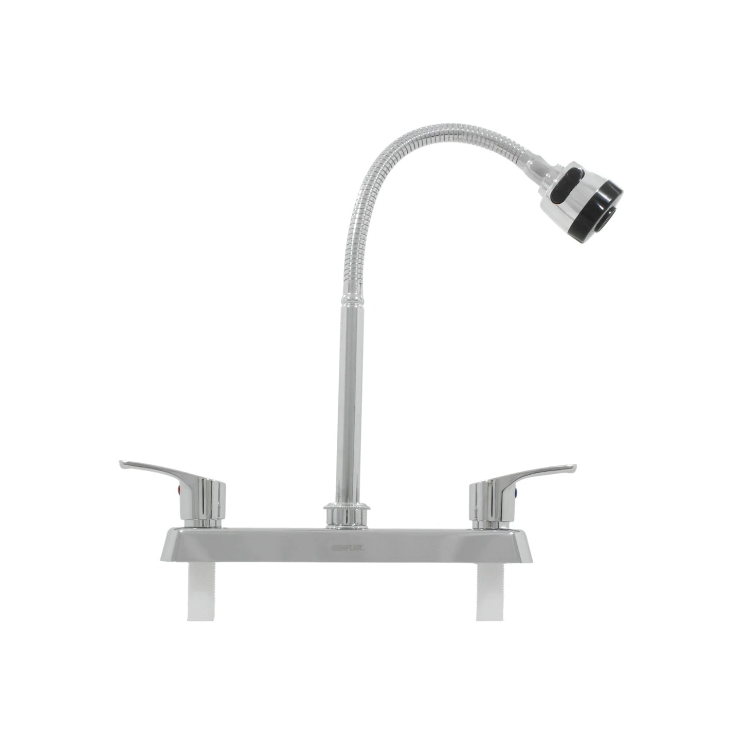 Mezcladora para fregadero Genflux doble maneral, cuello flexible, cromo brillante con rociador