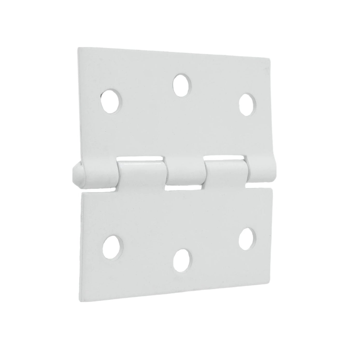 Bisagra de metal blanca con esquinas cuadradas, ideal para puertas y gabinetes, con ocho orificios de fijación.