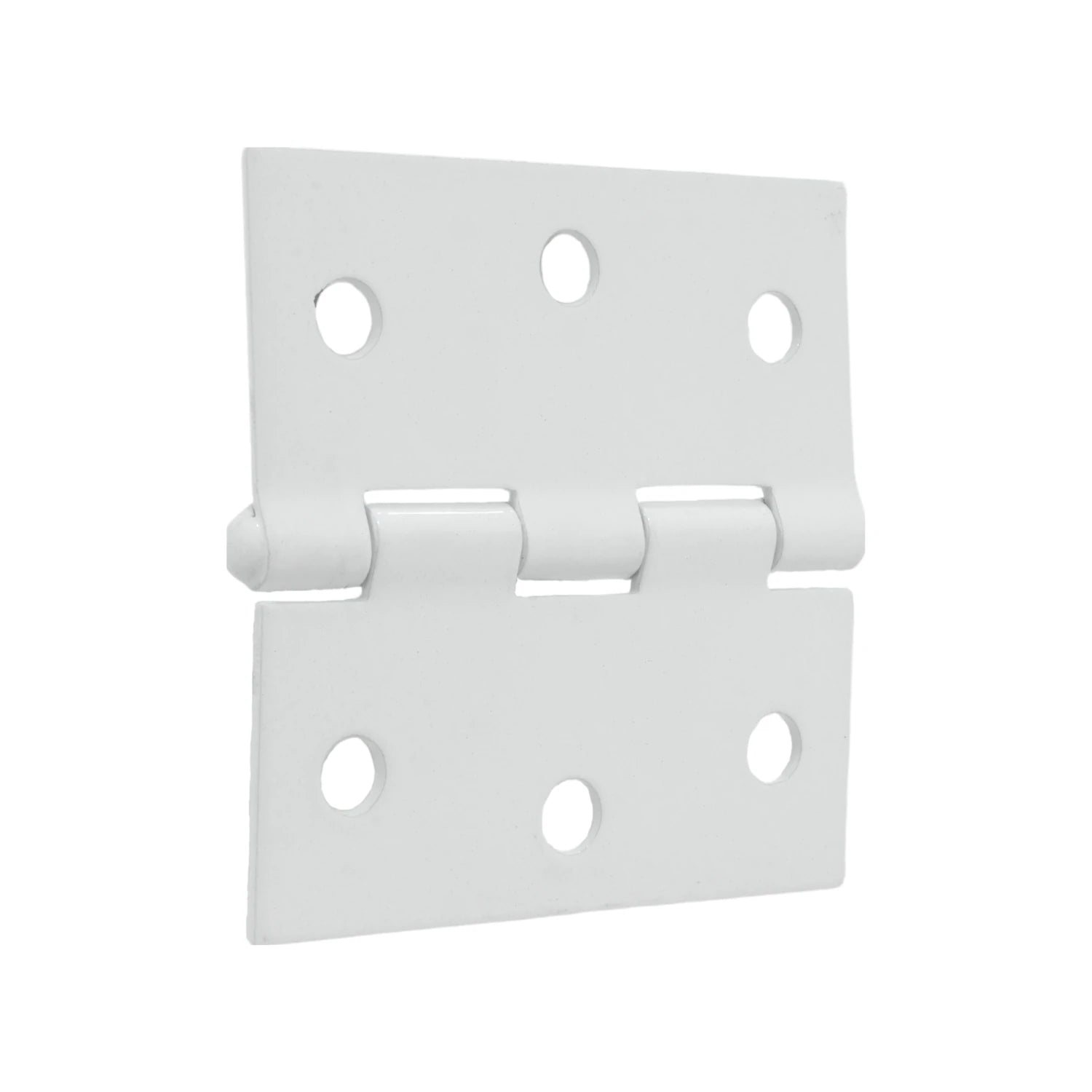Bisagra de metal blanca con esquinas cuadradas, ideal para puertas y gabinetes, con ocho orificios de fijación.