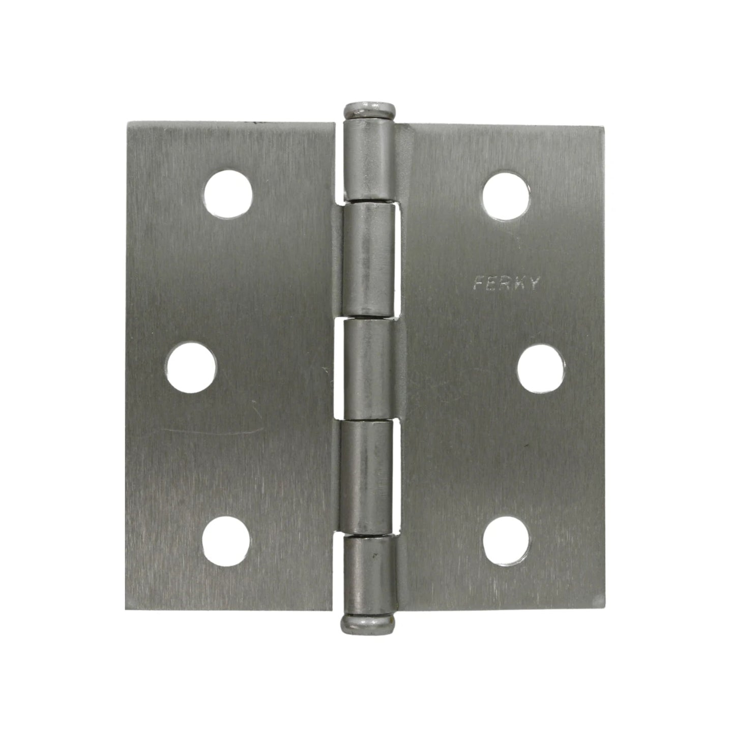 Bisagra de puerta níquel satinado con esquinas cuadradas y 6 orificios de fijación, marca Ferky.