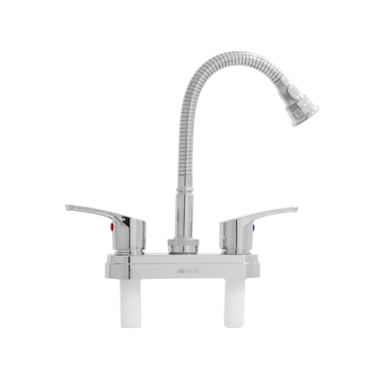 Mezcladora Genflux para fregadero cromada con cuello flexible tipo ganso y doble maneral de palanca.