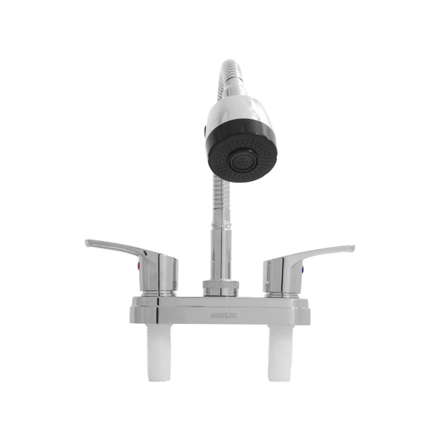 Mezcladora para fregadero Genflux cromada con cuello flexible y dos manerales de palanca.
