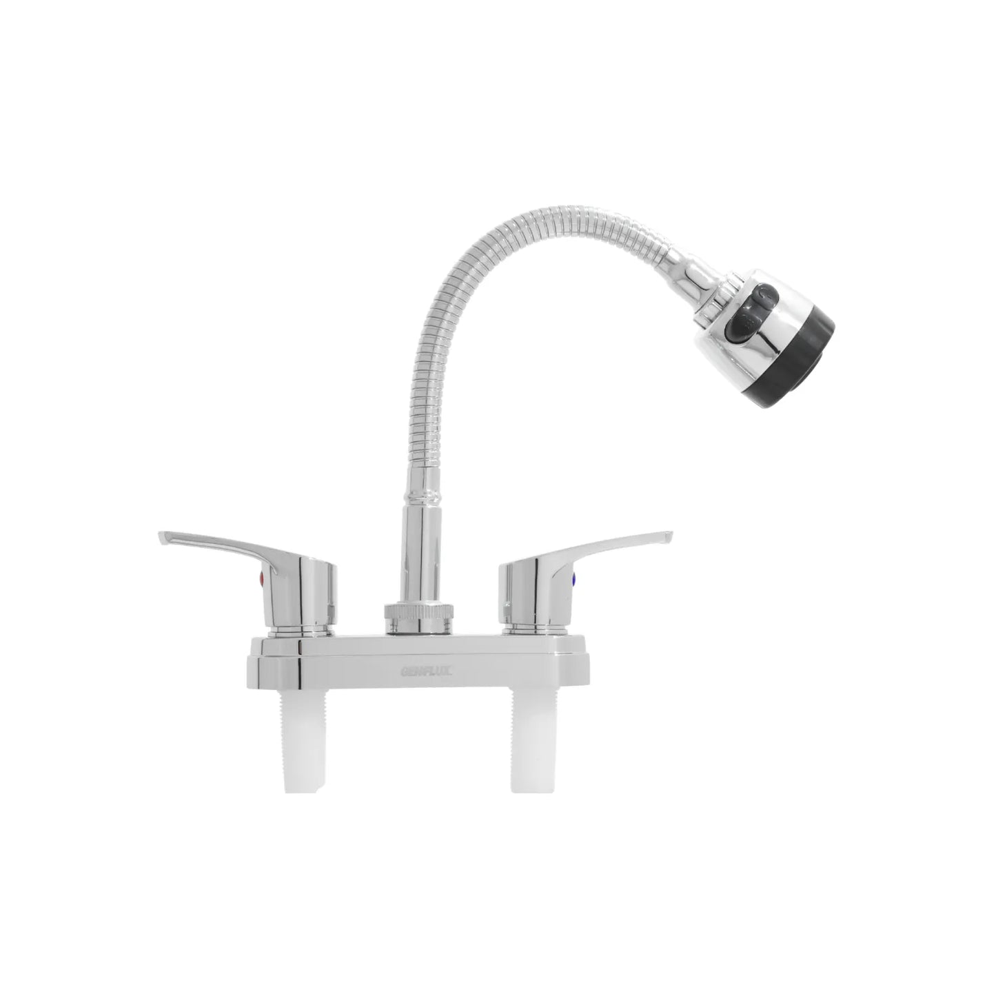 Mezcladora para fregadero Genflux cromada con cuello flexible y doble maneral para cocina.