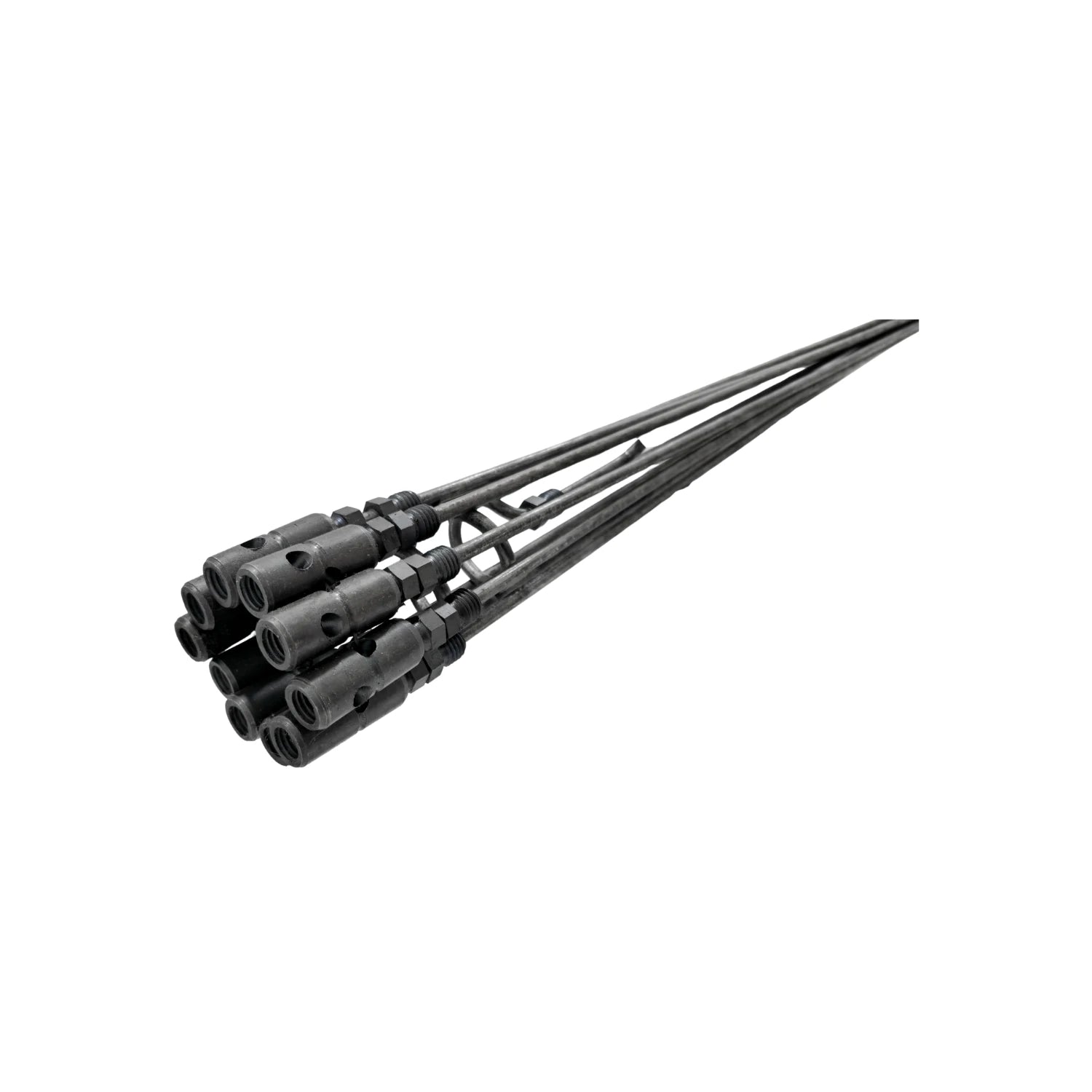 Varillas de desazolve para limpieza de tuberías, gris oscuro, con conectores roscados resistentes.