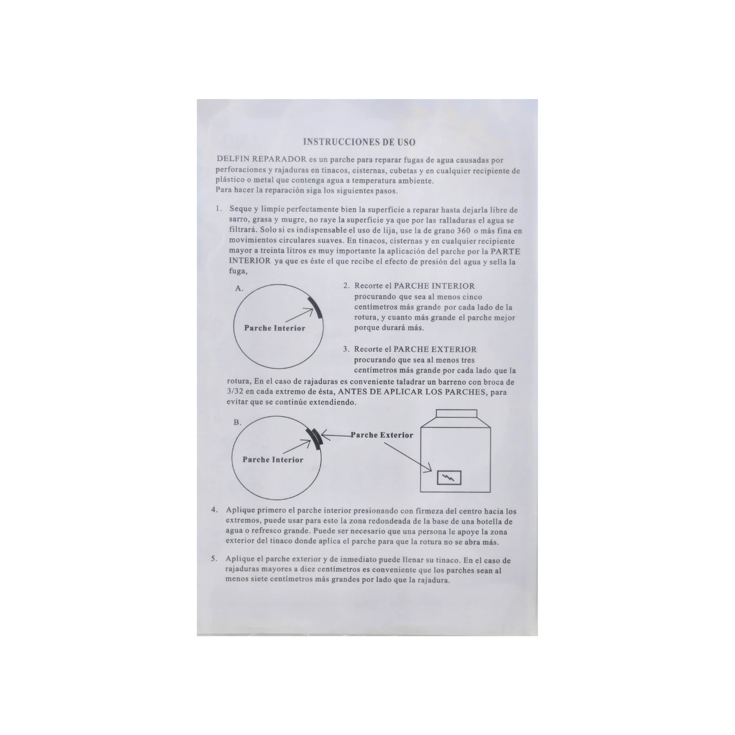 Instrucciones de aplicación del parche Delfín para sellar fugas de agua en tinacos y cisternas, incluye diagramas.