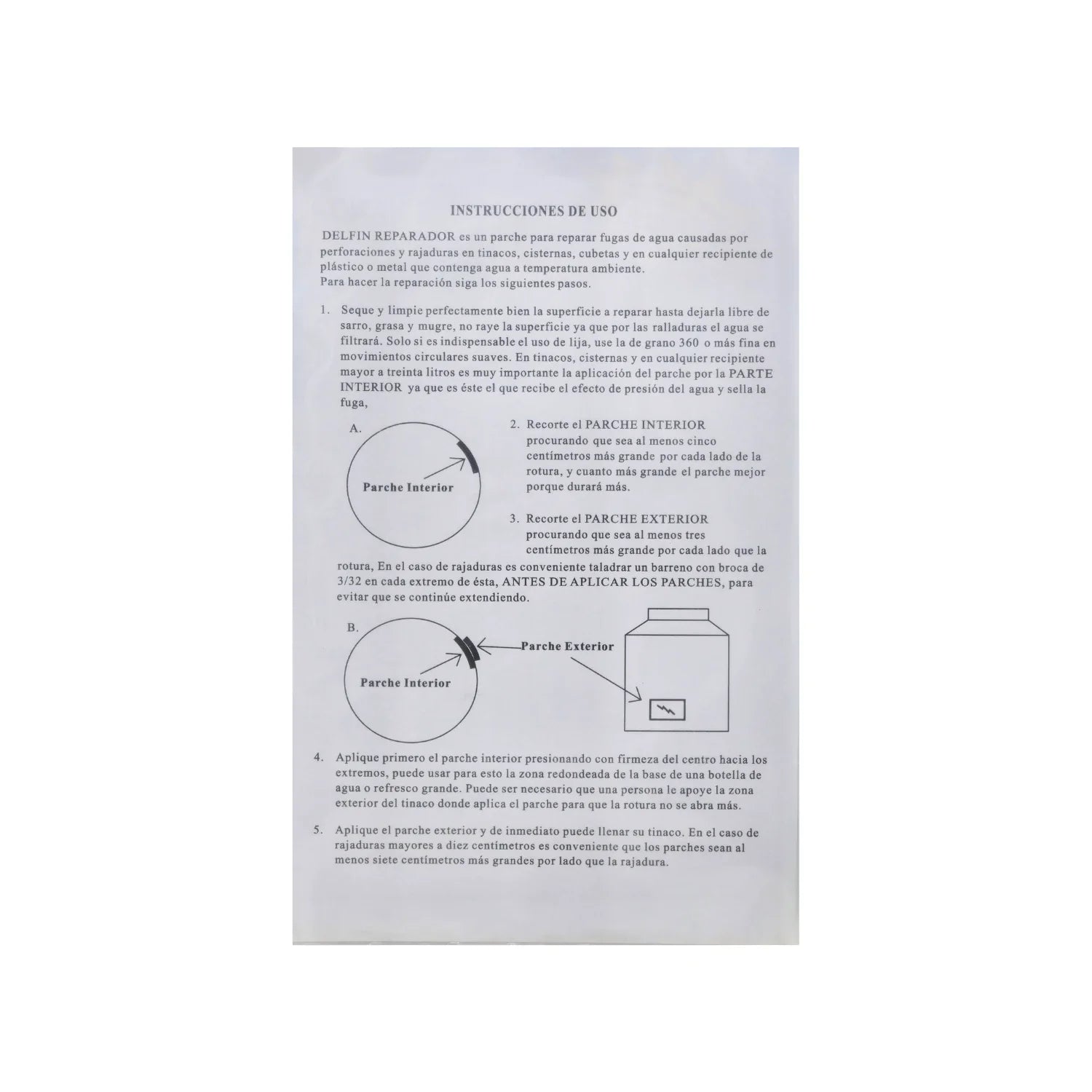 Instrucciones detalladas de uso para parche reparador Delfín, explicando aplicación en tinacos para fugas y grietas.