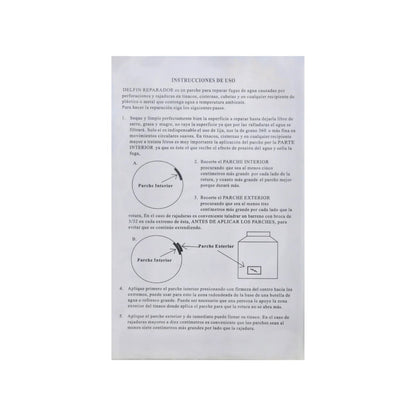 Instrucciones detalladas de uso para parche reparador Delfín, explicando aplicación en tinacos para fugas y grietas.