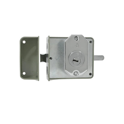 Cerradura de sobreponer gris con cilindro de llave y recibidor para seguridad de puertas de madera o metal