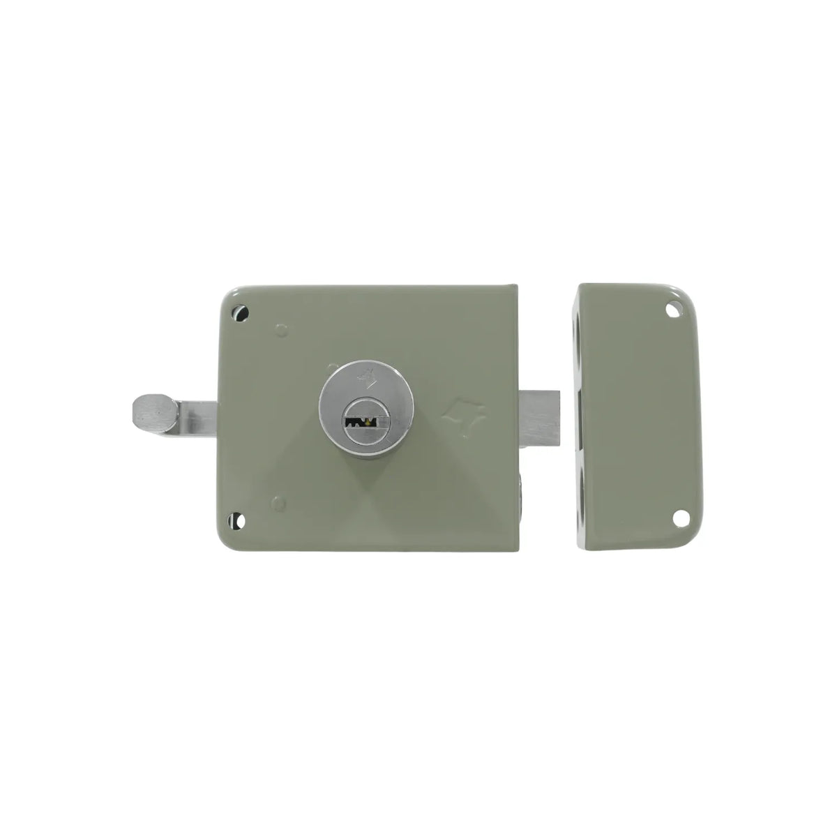 Cerradura de sobreponer color gris con cilindro de seguridad y recibidor para puertas de madera o metal.