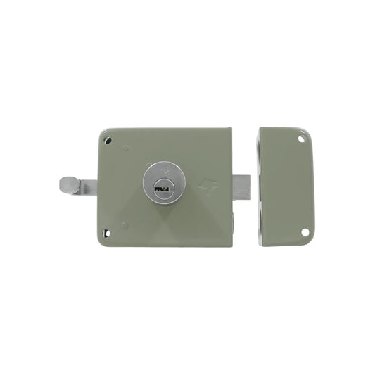 Cerradura de sobreponer color gris con cilindro de seguridad y recibidor para puertas de madera o metal.