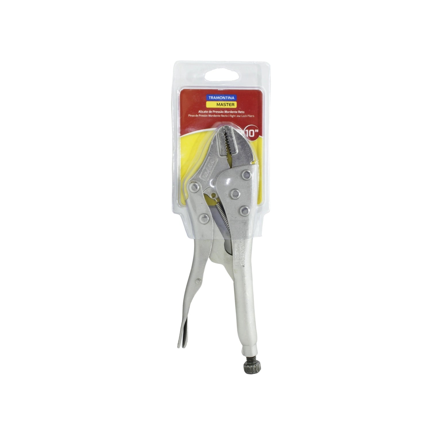 Pinza de presión Tramontina Master 10 pulgadas recta, mandíbula dentada para agarre firme.