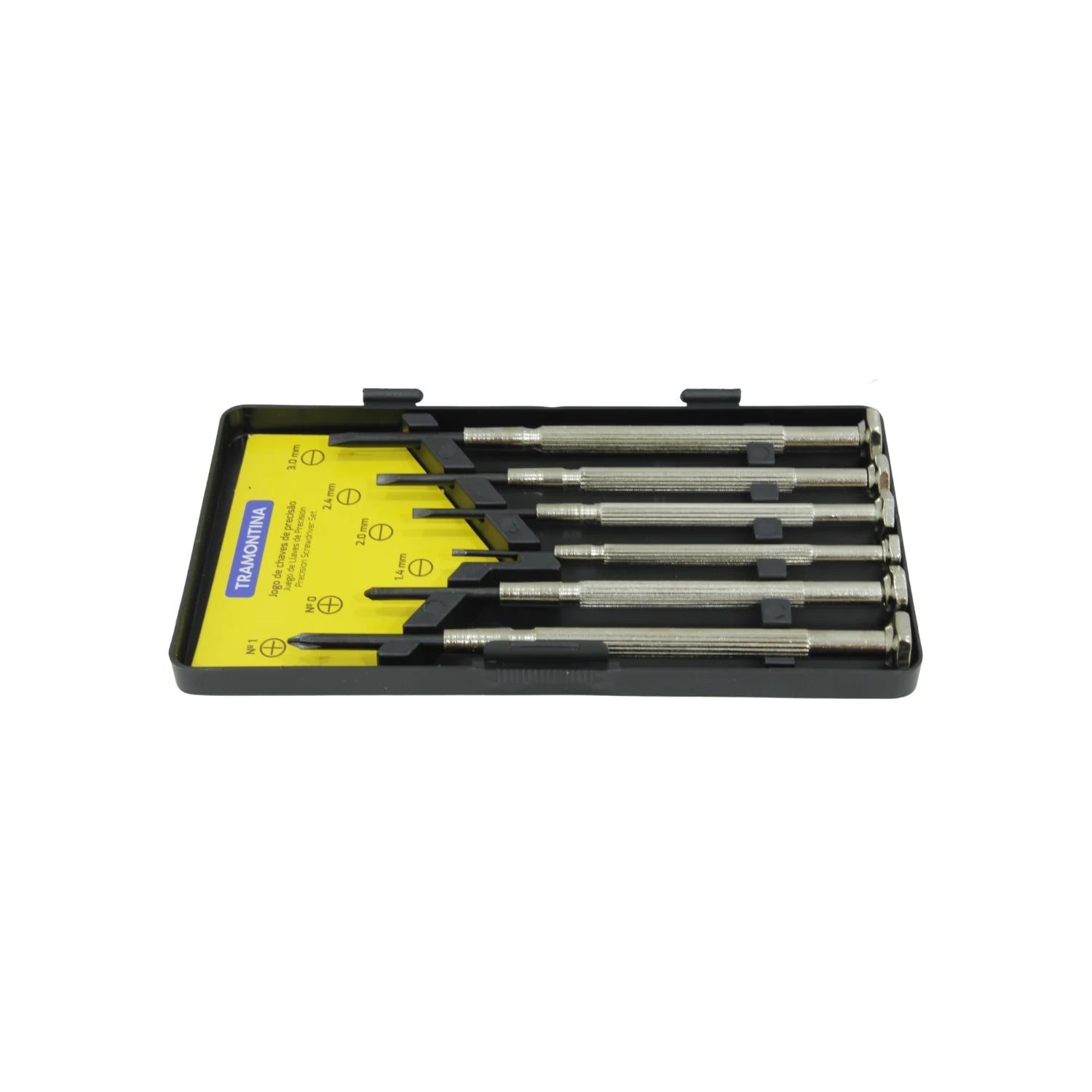 Juego de 6 desarmadores de precisión Tramontina en estuche negro. Puntas planas (1.4-3.0mm) y Phillips (Nº0, Nº1).