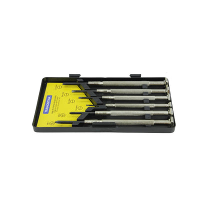 Juego de 6 desarmadores de precisión Tramontina en estuche negro. Puntas planas (1.4-3.0mm) y Phillips (Nº0, Nº1).