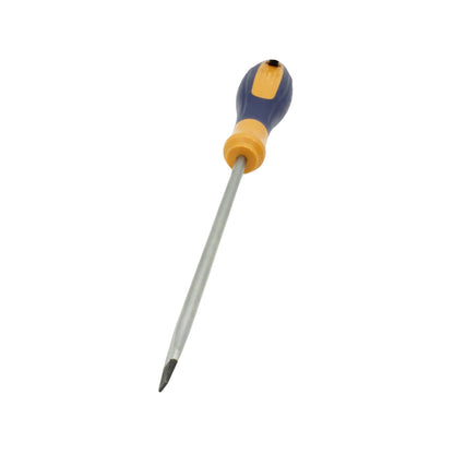 Desarmador plano profesional con mango ergonómico bicolor azul y amarillo, herramienta manual para tornillos ranurados.