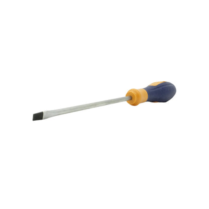 Desarmador plano robusto con mango bicolor azul y amarillo, punta ranurada de acero, ideal para trabajos generales.