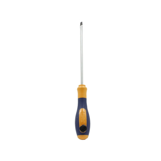 Desarmador plano Tramontina mango bimaterial azul y amarillo, herramienta para tornillos ranurados