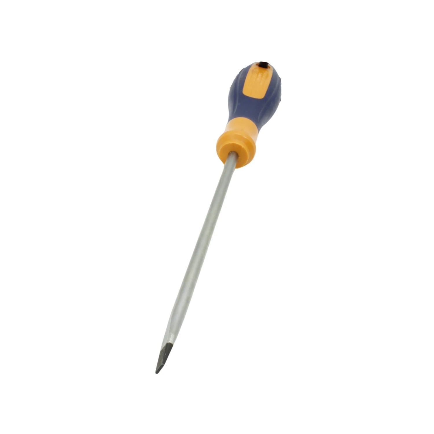 Desarmador plano punta ranurada con mango bimaterial azul y amarillo, herramienta manual robusta