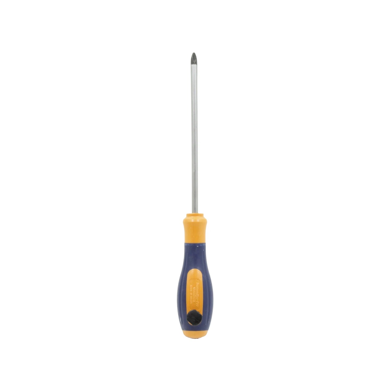 Desarmador de cruz Phillips Tramontina-Pro, con mango ergonómico azul y amarillo.