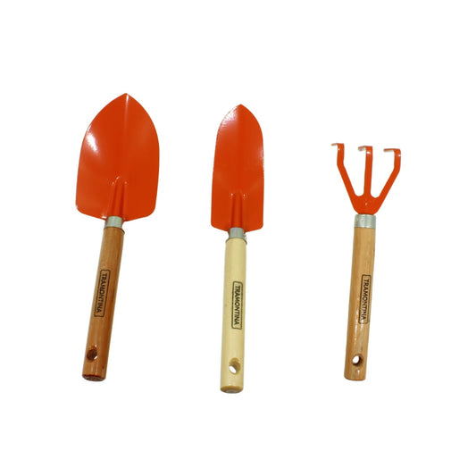 Juego de 3 herramientas jardinería Tramontina: 2 palas y 1 rastrillo de mano naranja, mangos de madera.