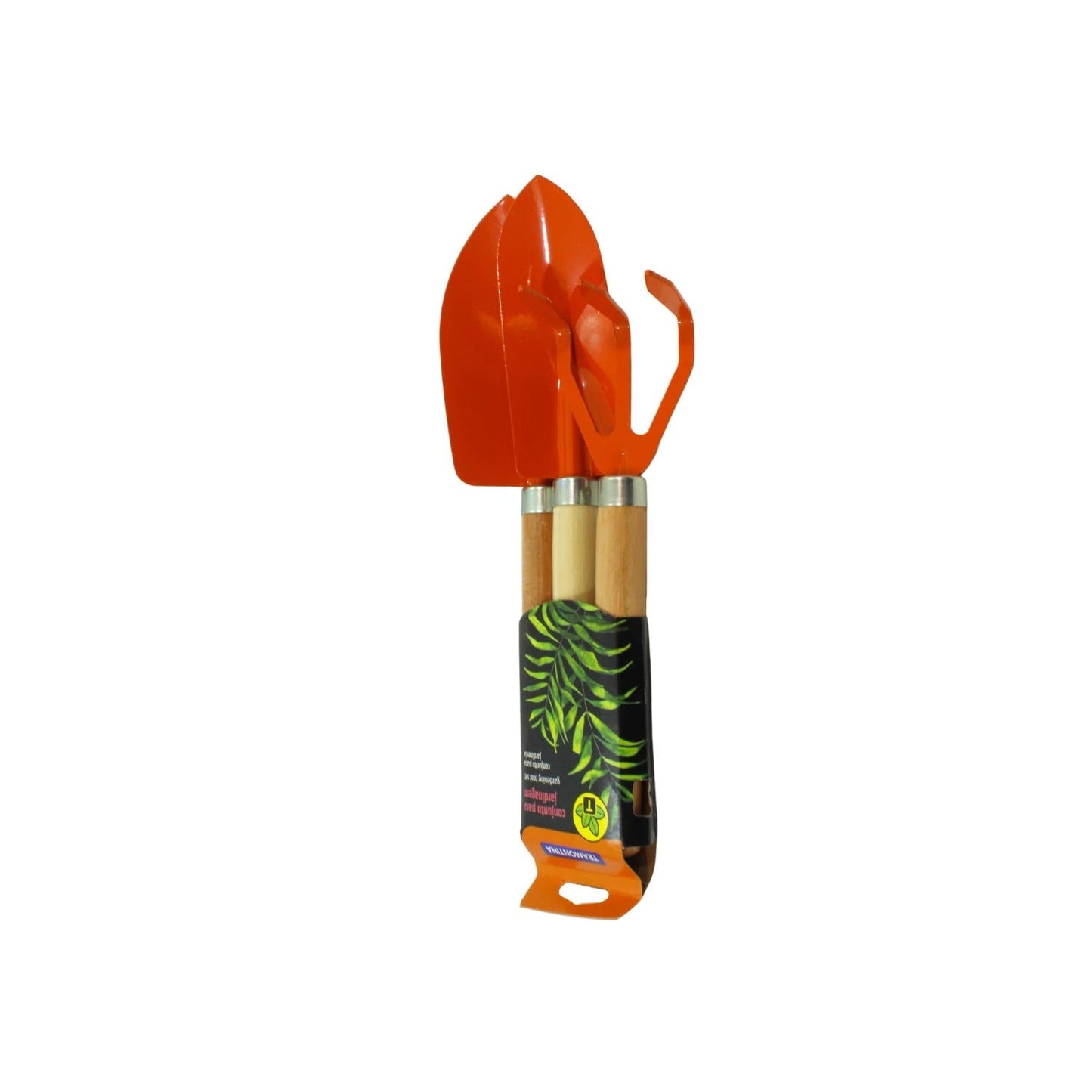 Kit de jardinería Tramontina 3 piezas con palas y rastrillo de mano, mangos de madera y partes metálicas naranjas.