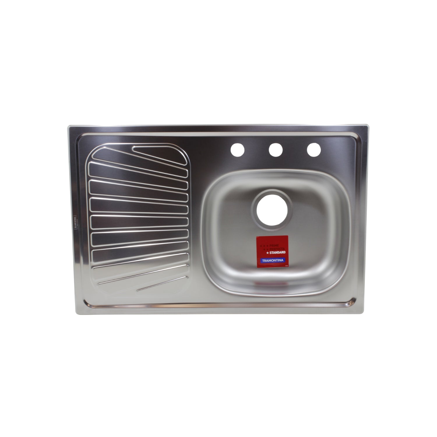 Tarja de acero inoxidable Tramontina 80x52cm con escurridor izquierdo y 3 orificios para grifo de cocina