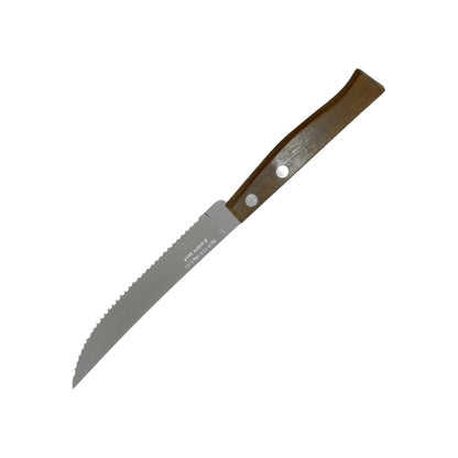 Cuchillo de sierra Tramontina de 5" con mango de madera marrón y hoja de acero inoxidable para cocina.