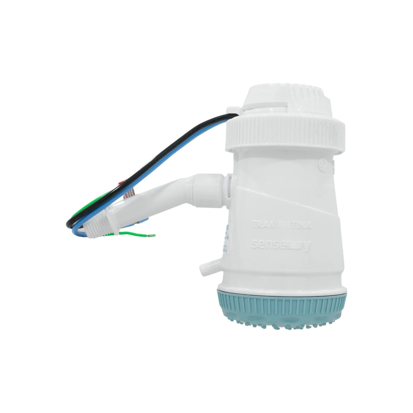 Regadera eléctrica Tramontina Senseeasy blanca con base azul; incluye cableado. Para 3 temperaturas de agua.
