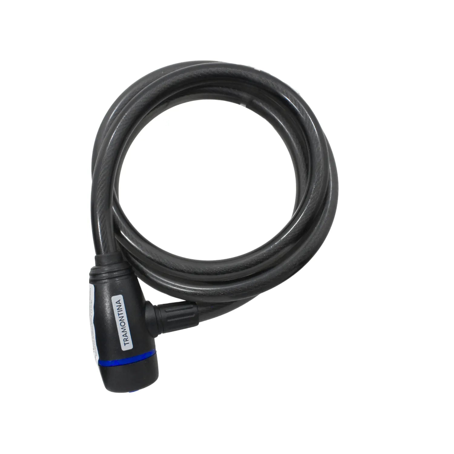 Candado de cable flexible para bicicleta Tramontina, negro con detalle azul, seguridad antirrobo.