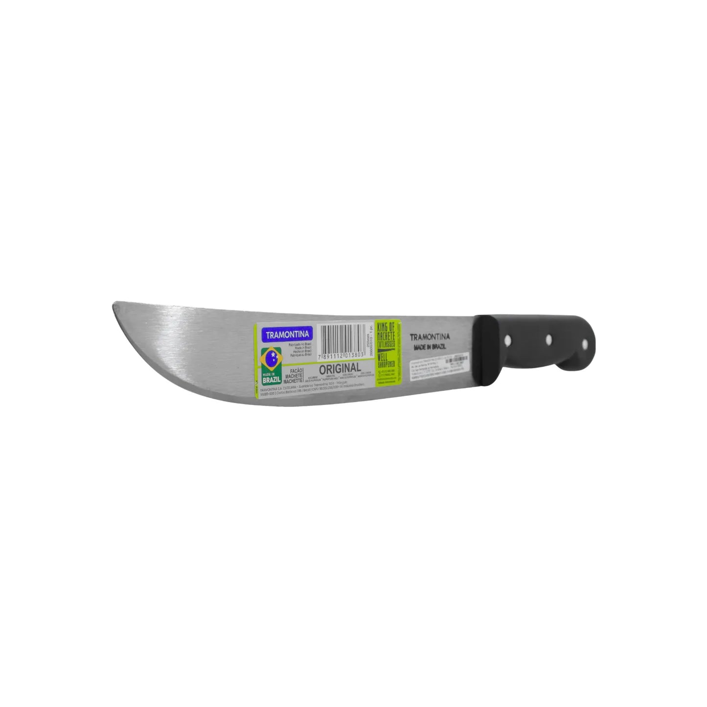 Machete Tramontina 10 pulgadas con hoja de acero al carbono y mango negro para desbroce y trabajos de campo.