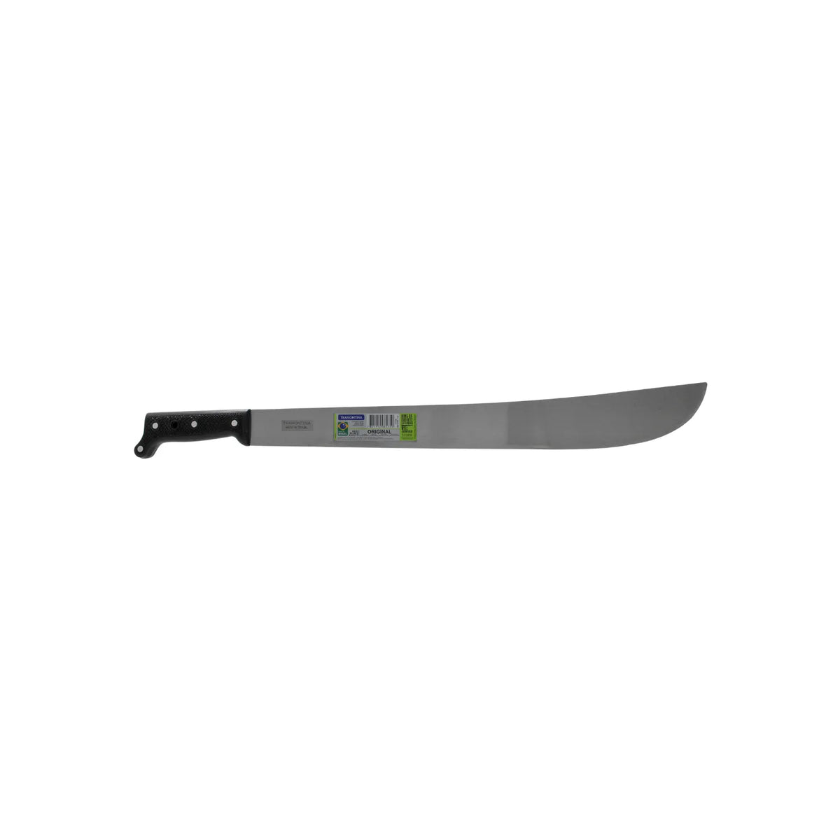 Machete Tramontina con hoja de acero y mango ergonómico negro para desmalezar y trabajos agrícolas.