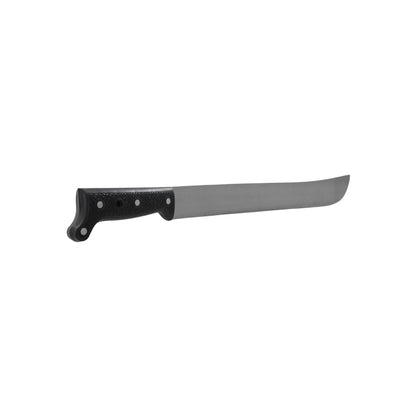 Machete de hoja recta en acero con mango negro ergonómico remachado para desmalezado y limpieza de terrenos.