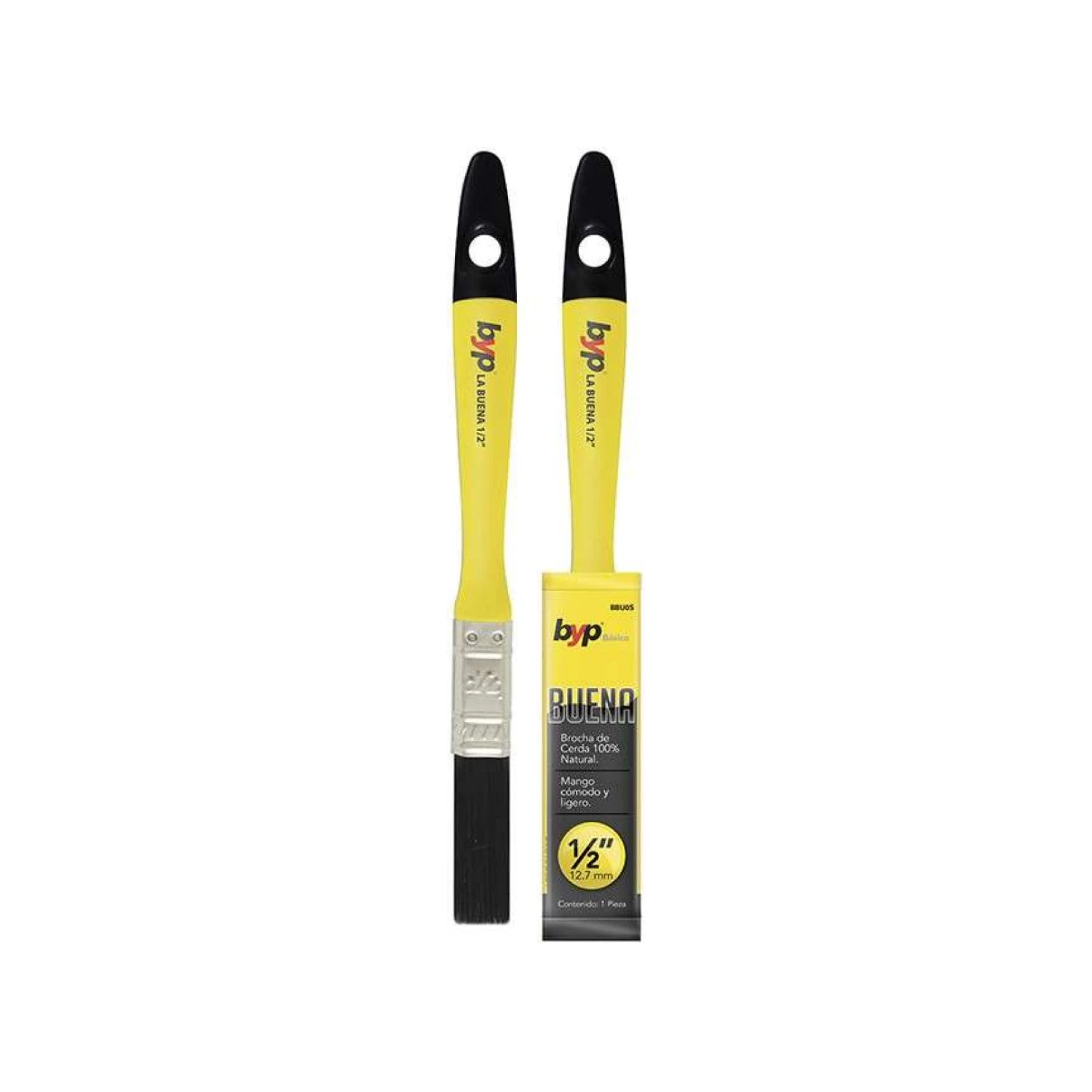 Brocha BYP La Buena 1/2" (12.7mm) cerda 100% natural, mango amarillo cómodo y ligero